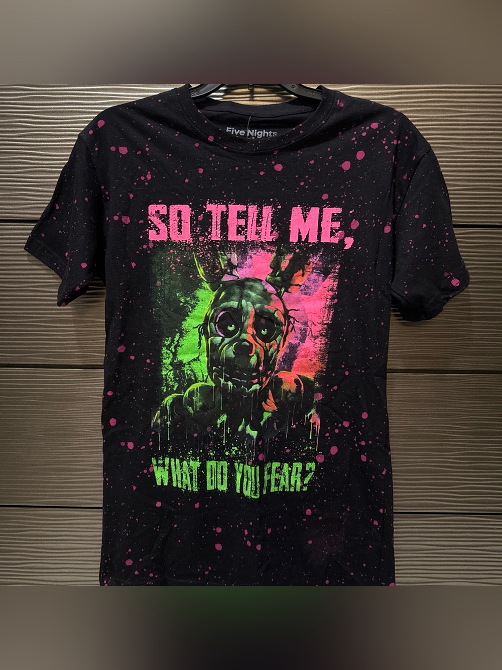 Five Nights at Freddy’s Black Tee with Pink & Green Neon Graphic